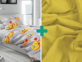 Lenjerie de pat din microfibra EMOJI gri + cearsaf jersey 90x200 cm galben