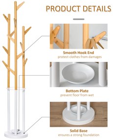 Cuier de podea pentru haine cu suport pentru umbrele si 13 carlige HOMCOM, metal si bambus, dimensiuni 30.5x30.5x174.5cm, lemn si alb | Aosom RO