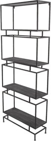 Etajeră metalică îngustă, negru, cu 4 rafturi din lemn și cadre suprapuse, 160 x 61 x 23 cm, „Verne”