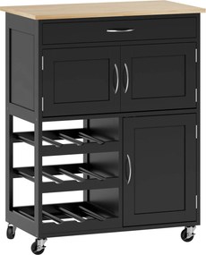 HOMCOM Cărucior de Bucătărie cu Suport pentru Sticle, 3 Uși, 4 Roți și Sertar, Dulapior de Bucătărie, 67x37x87 cm, Negru | Aosom Romania