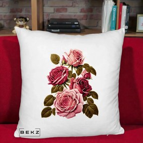 Perna Decorativa Trandafiri Vintage Roz-Rosii, 40x40 cm, Alb Pufos, Husa Detasabila, Perna Inclusa, BEKZ®