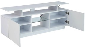 Modernă comodă TV cu iluminare LED în 16 culori, panou frontal lucios, raft de sticlă, 140×35×61 cm, Alb