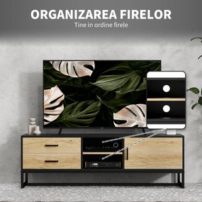 HOMCOM Mobilier pentru TV de 60" cu Dulăpior, 2 Sertare și Rafturi Deschise Reglabile, 140x35x45 cm, Lemn Natural | Aosom Romania