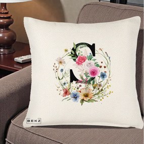 Cadou Personalizat - Perna Personalizata Monogram Litera S cu Flori Acuarela, 40x40 cm, Crem Reliefat, Husa Detasabila, Perna Inclusa, BEKZ®