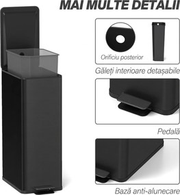 HOMCOM Coș de gunoi 20L cu închidere lentă și recipient detașabil, din oțel și PP, 21,5x37,2x57 cm, negru | Aosom Romania