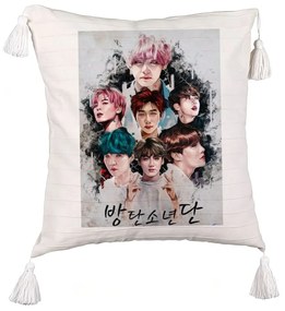 Perna Decorativa cu Franjuri BTS Army, 45x45 cm, Ecru, Cu fermoar