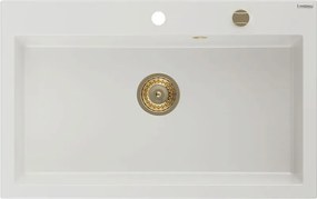 Mexen Elix chiuvetă de bucătărie din granit cu un singur compartiment 800 x 500 mm, alb, sifon auriu - 6527801005-20-G