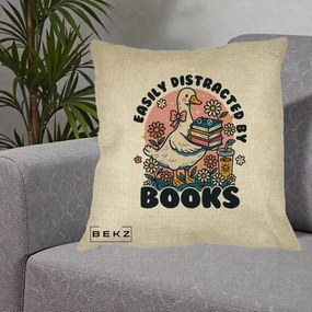 Perna Personalizata Easily Distracted by Books, 40x40 cm, Crem, Husa Detasabila, Perna Inclusa, BEKZ®
