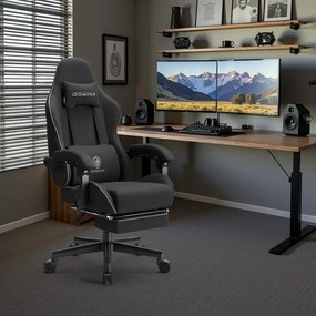 DOWINX 6658 - Scaun Gaming Ergonomic, Masaj in perna lombara, Șezut cu Arcuri Metalice și Spumă, Suport pentru picioare, Rabatabil 90°–135°, Rezistent 130 kg, Material textil, Negru