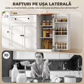 HOMCOM Servantă Bucătărie Modernă cu Sertar și 4 Uși, Dulap Bucătărie cu Rafturi Reglabile, 6 Suporturi pentru Condimente, 138x40x83,5 cm, Alb | Aosom Romania