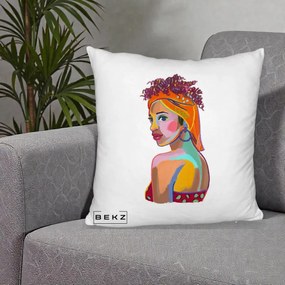Perna Decorativa Portret Femeie Colorat Pop Art, 40x40 cm, Alb Pufos, Husa Detasabila, Perna Inclusa, BEKZ®