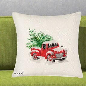 Perna Decorativa Camioneta Rosie Brad de Craciun, 40x40 cm, Crem Reliefat, Husa Detasabila, Perna Inclusa, BEKZ®