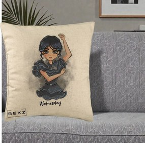 Perna Personalizata Wednesday Addams Dancing Queen, 40x40 cm, Bej, Husa Detasabila, Perna Inclusa, BEKZ®