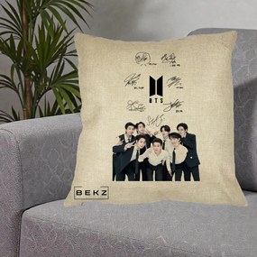 Perna Personalizata K-pop BTS Autografe Toti Membrii cu Fotografie, 40x40 cm, Crem, Husa Detasabila, Perna Inclusa, BEKZ®
