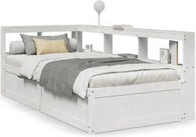 vidaXL Pat cu bibliotecă fără saltea, alb, 100x200 cm, lemn masiv pin