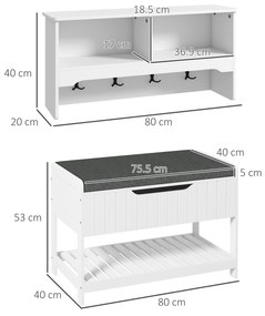 Cuier de Perete cu Banca Suport pentru Pantofi Dotata cu Cuburi de Perete, 4 Carlige si Raft Retractabil, 80x20x40 cm, Alb HOMCOM | Aosom RO