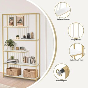 RAAU211 - Raft manichira, 100 cm pentru salon cosmetica, birou, hol, living, baie - Alb imitatie de marmura - Auriu