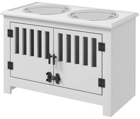 PawHut Stație de Hrănire Ridicată pentru Câini Mari, 2 Boluri din Oțel Inoxidabil, Spațiu de Depozitare, 35,5x60x30 cm, Alb | Aosom Romania