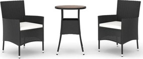 vidaXL Set bistro de grădină cu perne, 3 piese, negru, poliratan