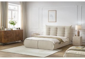 Pat matrimonial bej tapițat cu spațiu de depozitare și somieră 180x200 cm Clothilde – Bobochic Paris