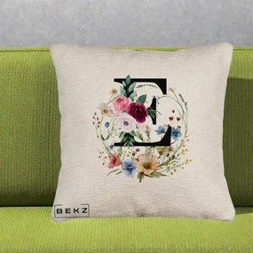 Cadou Personalizat - Perna Personalizata Monogram Litera E cu Flori Acuarela, 40x40 cm, Bej Canapea, Husa Detasabila, Perna Inclusa, BEKZ®
