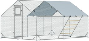 PawHut Coteț pentru Găini cu Acoperiș Impermeabil și Rezistent la UV, Hrănitor și Usă, 300x400x195 cm, Argintiu | Aosom Romania