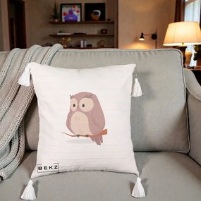 Perna Decorativa Bufnita Kawaii pe Creanga, 40x40 cm, Bej cu Franjuri, Husa Detasabila, Perna Inclusa, BEKZ®