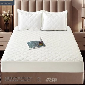 Husa de pat matlasata si 2 fete de perne din catifea, cu elastic, model tip topper, pentru saltea 140x200 cm, alb, HTC-26