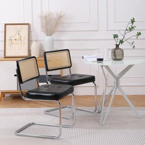Set de 2 scaune de prânz din ratan, spătar din plasă fără brațe, picioare din metal cromat, Negru