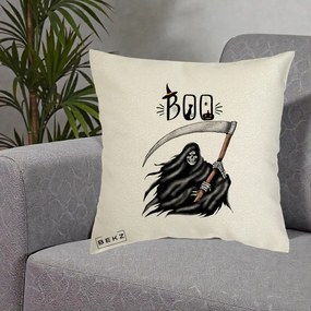 Perna Decorativa Halloween Boo Grim Reaper cu Coasa, 40x40 cm, Ecru, Husa Detasabila, Perna Inclusa, BEKZ®