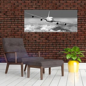 Tablou - Avion în nori, alb și negru (120x50 cm)