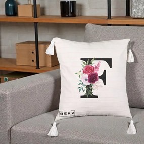 Cadou Personalizat - Perna Personalizata Monograma Florala Litera F, 40x40 cm, Bej cu Franjuri, Husa Detasabila, Perna Inclusa, BEKZ®