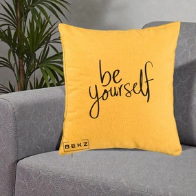 Perna Decorativa Be Yourself Caligrafie Neagra, 40x40 cm, Galben, Husa Detasabila, Perna Inclusa, BEKZ®
