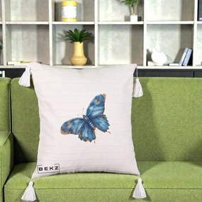 Perna Decorativa Fluture Albastru Satin cu Pete Aurii, 40x40 cm, Bej cu Franjuri, Husa Detasabila, Perna Inclusa, BEKZ®