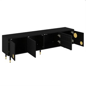 Comodă TV cu front din plasă metalică și accente aurii, 4 uși, 170x36x54 cm, Negru