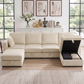 HOMCOM Canapea Modulară în U cu 4 Locuri, 2 Pufuri cu Depozitare, Catifea Reiată, 306x153x85 cm, Crem | Aosom Romania