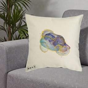 Perna Decorativa Abstract Acuarela Albastru-Mov cu Cercuri Aurii, 40x40 cm, Ecru, Husa Detasabila, Perna Inclusa, BEKZ®
