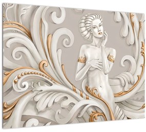 Tablou pe sticlă - Imagine a zeiței într-un fundal ornamental (70x50 cm)