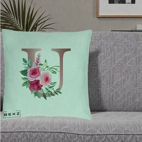Cadou Personalizat - Perna Personalizata Monograma Rose Gold Litera U, 40x40 cm, Verde Menta, Husa Detasabila, Perna Inclusa, BEKZ®