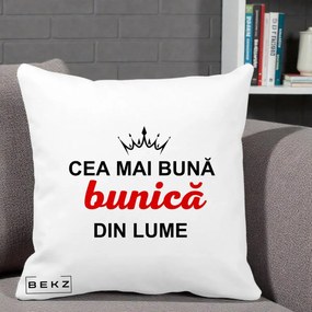 Cadou pentru Bunica - Perna Personalizata Cea Mai Buna Bunica Din Lume Coroana Neagra, 40x40 cm, Alba Mata, Husa Detasabila, Perna Inclusa, BEKZ®