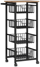 HOMCOM Cărucior de Bucătărie cu 4 Coșuri Detașabile, Roți și Frâne, Oțel și Lemn, 49.5x31x91 cm, Stejar | Aosom Romania