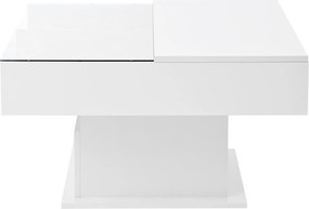 Masă de cafea multifuncțională, cu finisaj lucios și lift, cu iluminare LED, reglabilă pe înălțime și cu spațiu de depozitare flexibil, 78x78x45,5 cm, Alb