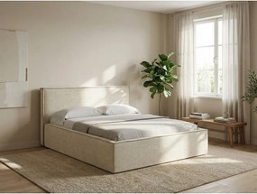 Pat matrimonial crem tapițat cu spațiu de depozitare cu somieră 180x200 cm Anani – Makamii