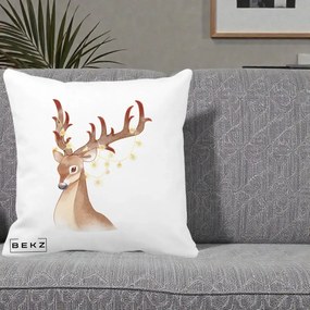 Perna Decorativa Ren cu Luminite de Craciun, 40x40 cm, Alba Mata, Husa Detasabila, Perna Inclusa, BEKZ®