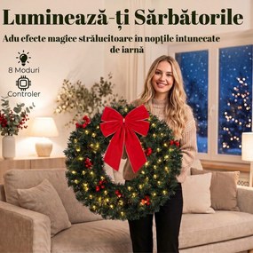 HOMCOM Coroniță de Crăciun de 60 cm cu Lumini LED, Conuri de Brad și Bobițe, Verde | Aosom Romania