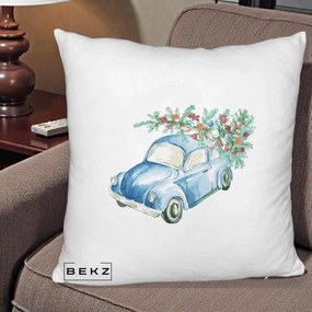 Perna Decorativa Masinuta Albastra cu Brad de Craciun, 40x40 cm, Alb Pufos, Husa Detasabila, Perna Inclusa, BEKZ®