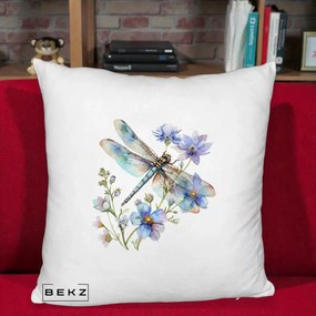 Perna Decorativa Libelula Acuarela Flori Albastre, 40x40 cm, Alb Pufos, Husa Detasabila, Perna Inclusa, BEKZ®