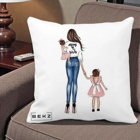 Cadou pentru Mama - Perna Personalizata Mom of Girls Mama cu Fetele, 40x40 cm, Alba Mata, Husa Detasabila, Perna Inclusa, BEKZ®