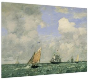 Tablou pe sticlă - Eugène Boudin, Ships and Sailing Boats Leaving Le Havre, reproducere (70x50 cm)