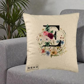 Cadou Personalizat - Perna Personalizata Monogram Litera E cu Flori Acuarela, 40x40 cm, Bej, Husa Detasabila, Perna Inclusa, BEKZ®